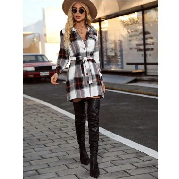Plaid Long Sleeve Button Front Tie Belted Short Shirt Style Dress - Picture 2 of 10
